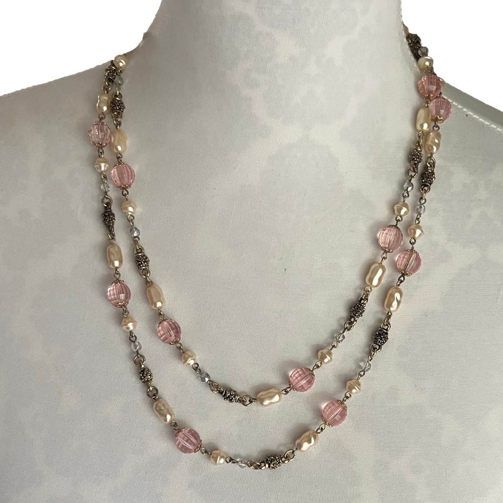 Layered Pink Faceted Bead & Faux Pearl Necklace – Gold Tone, Vintage